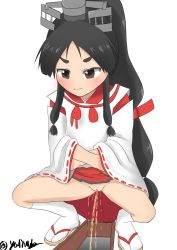 Rule 34 | 1girl, absurdres, black hair, blush, brown eyes, crossed arms, female focus, highres, japanese clothes, kantai collection, long hair, multi-tied hair, nisshin (kancolle), no panties, peeing, pussy, sandals, signature, sock, solo, spread legs, squat toilet, squatting, toilet, toilet use, uncensored, very long hair, yarinuko