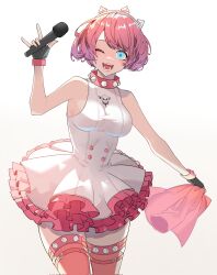 Rule 34 | 1girl, black gloves, blue eyes, blush, boots, bracelet, breasts, collar, dress, elphelt valentine, fingerless gloves, frilled dress, frills, gloves, guilty gear, guilty gear strive, hairband, highres, holding, holding microphone, jewelry, large breasts, looking at viewer, microphone, one eye closed, open mouth, pink dress, pink footwear, pink hair, short hair, simple background, smile, spiked bracelet, spiked collar, spiked hairband, spikes, thigh boots, two-tone dress, white dress, yeji36