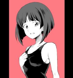 Rule 34 | 10s, 1girl, adjusting clothes, adjusting swimsuit, blunt bangs, bob cut, commentary request, girls und panzer, gotou moyoko, greyscale, greyscale with colored background, light frown, looking at viewer, moekichi, monochrome, one-piece swimsuit, open mouth, pillarboxed, red background, school swimsuit, short hair, solo, standing, swimsuit, upper body