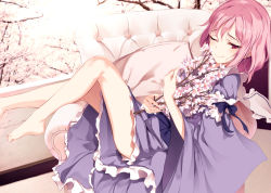 Rule 34 | 1girl, arm garter, bare legs, barefoot, blue dress, blue kimono, blue ribbon, blush, branch, cherry blossoms, couch, cushion, dress, eien no juu nana-sai, eyes visible through hair, flower, frills, highres, holding, holding flower, japanese clothes, ke-ta (style), kimono, lips, long sleeves, looking at viewer, lying, no headwear, obi, hugging object, on back, on couch, one eye closed, pink hair, pink theme, red eyes, ribbon, saigyouji yuyuko, sash, short hair, smile, solo, tears, touhou, wide sleeves