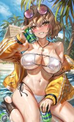 Rule 34 | 1girl, ahoge, anis (nikke), anis (sparkling summer) (nikke), aviator sunglasses, bare shoulders, bikini, blush, breasts, brown hair, can, cleavage, drink can, eyepatch bikini, eyewear on head, goddess of victory: nikke, highres, himonoata, holding, holding can, jacket, jewelry, large breasts, looking at viewer, navel, necklace, official alternate costume, pink-tinted eyewear, short hair, smile, soda can, solo, star (symbol), star necklace, sunglasses, swim goggles, swimsuit, thighs, tinted eyewear, white bikini, yellow jacket