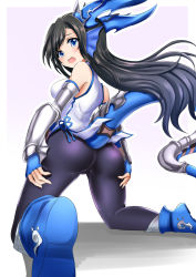 Rule 34 | 1girl, ass, black hair, black pantyhose, blue eyes, chinese clothes, dragon tail, fingerless gloves, fins, foreshortening, gloves, gradient background, head fins, horns, karin (p&amp;d), kneeling, long hair, minato yoshihiro, open mouth, pantyhose, puzzle &amp; dragons, solo, tail