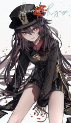 Rule 34 | 1girl, black shorts, brown hair, chinese clothes, flower, flower-shaped pupils, genshin impact, hat, hat ornament, highres, hu tao (genshin impact), inaeda kei, long hair, long sleeves, plum blossoms, porkpie hat, red eyes, red shirt, shirt, shorts, simple background, symbol-shaped pupils, thighs, white background