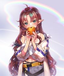 Rule 34 | 1girl, ahoge, apple, aqua eyes, arknights, artist name, bare shoulders, belt, blush, brown hair, commentary, food, fruit, golden apple, grey background, hands up, head tilt, holding, holding food, holding fruit, jacket, long hair, looking at viewer, midriff, milcona, myrtle (arknights), navel, off shoulder, open clothes, open jacket, pointy ears, rainbow, solo, tank top, upper body, very long hair, white jacket, white tank top
