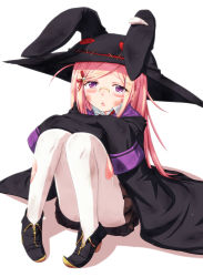 Rule 34 | 10s, 1girl, blonde hair, cape, glasses, hair ornament, hat, legs, long hair, majolica le fay, ookami-san, open mouth, pantyhose, purple eyes, shirosame, sitting, skirt, solo, torn clothes, torn pantyhose, white pantyhose, witch hat