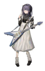 Rule 34 | 1girl, absurdres, apron, armband, badge, black dress, black footwear, blue eyes, button badge, buttons, closed mouth, commentary request, dress, ear piercing, electric guitar, gloves, guitar, half gloves, high collar, highres, instrument, leg warmers, long hair, long sleeves, looking at viewer, maid, maid apron, maid headdress, mole, mole under eye, name tag, one side up, original, piercing, purple hair, simple background, solo, subfiction, v, white apron, white background, white gloves