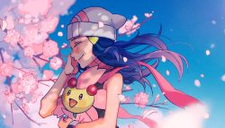 Rule 34 | 1girl, beanie, blue hair, blurry, blurry background, blush, cherrim, cherrim (sunshine), closed eyes, closed mouth, commentary request, creatures (company), dawn (pokemon), day, floating hair, game freak, gen 4 pokemon, hair ornament, hairclip, hand up, hat, highres, holding, holding pokemon, long hair, nintendo, outdoors, petals, pink scarf, pokemon, pokemon (creature), pokemon dppt, scarf, sleeveless, smile, suno (su no125), upper body, white headwear