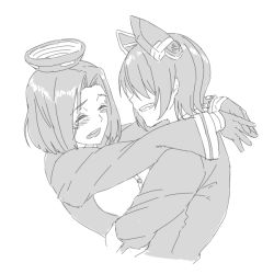 Rule 34 | 10s, 2girls, arms around neck, blush, closed eyes, couple, gloves, greyscale, grin, hair intakes, halo, headgear, kantai collection, long sleeves, mechanical halo, monochrome, multiple girls, nathaniel pennel, profile, short hair, simple background, smile, tatsuta (kancolle), tenryuu (kancolle), white background, yuri