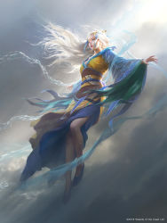Rule 34 | 1girl, absurdres, blue eyes, braid, breasts, cloud, commentary, dress, earrings, english commentary, flats, floating, floating hair, hagoromo, hair ornament, highres, jewelry, layered dress, long hair, long sleeves, looking to the side, magic: the gathering, medium breasts, mu yanling, multicolored clothes, multicolored dress, obi, official art, outdoors, outstretched arms, rike lee, sash, shawl, side slit, sky, solo, spread arms, white hair, wide sleeves, yellow dress