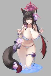 Rule 34 | 1girl, :p, absurdres, animal ears, bare shoulders, bikini, black hair, blue archive, blush, breasts, cleavage, coke0502, grey background, hair ornament, halo, highres, large breasts, long hair, multicolored hair, partially submerged, simple background, smile, solo, strap pull, swimsuit, tail, thigh strap, thighs, tongue, tongue out, two-tone hair, wakamo (blue archive), wakamo (swimsuit) (blue archive), water, yellow eyes