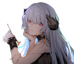 Rule 34 | 1girl, arm support, black dress, douya (233), dress, fork, from side, girls&#039; frontline, hair between eyes, hand on own chin, long hair, looking at viewer, official alternate costume, red eyes, scar, scar on arm, scar on face, silver hair, sleeveless, sleeveless dress, solo, thunder (black swan&#039;s dream) (girls&#039; frontline), thunder (girls&#039; frontline), white background, wrist cuffs