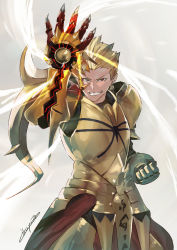 Rule 34 | 1boy, armor, blonde hair, claw (weapon), commentary request, crossover, domon kasshu, earrings, fate/zero, fate (series), g gundam, gilgamesh (fate), gundam, highres, ikuyoan, jewelry, male focus, orange armor, red eyes, scryed, seki tomokazu, solo, voice actor connection, weapon