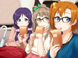 Rule 34 | 10s, 3girls, :o, aqua eyes, bespectacled, blue eyes, blush, bow, bread, brown eyes, brown hair, chestnut mouth, closed umbrella, food, glasses, hair bow, holding, kosaka honoka, kusuda aina, long hair, looking at viewer, love live!, love live! school idol project, low twintails, mask, minami kotori, mohya, mouth mask, multiple girls, nitta emi, photo-referenced, purple hair, ribbed sweater, voice actor connection, short hair, side ponytail, smile, surgical mask, sweater, tojo nozomi, twintails, uchida aya, umbrella