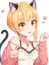 Rule 34 | 1girl, animal ears, bad id, bad pixiv id, bare shoulders, blonde hair, blush, breasts, cat ears, cat tail, cleavage, collarbone, green eyes, heart, idolmaster, idolmaster cinderella girls, jewelry, kemonomimi mode, lips, long sleeves, looking at viewer, medium breasts, miyamoto frederica, open mouth, paw pose, short hair, simple background, smile, solo, strap slip, tail, upper body, white background, yuuhi (ages)