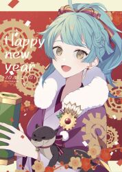 Rule 34 | 1girl, :d, antenna hair, blue hair, blunt bangs, crml orng, dated, earrings, fire emblem, fire emblem heroes, hair ribbon, happy new year, highres, japanese clothes, jewelry, kimono, long sleeves, looking at viewer, new year, nintendo, official alternate costume, open mouth, otter, ponytail, purple kimono, reginn (fire emblem), reginn (new year) (fire emblem), ribbon, smile, twitter username, upper body, yellow eyes