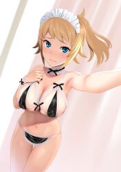 Rule 34 | 1girl, bare shoulders, bikini, blonde hair, blue eyes, blurry, blush, breasts, choker, cowboy shot, depth of field, embarrassed, gundam, gundam build fighters, gundam build fighters try, highres, hoshino fumina, lace, lace-trimmed bikini, lace choker, lace trim, large breasts, looking at viewer, maid, maid bikini, navel, ponytail, reaching, reaching towards viewer, selfie, simple background, skindentation, solo, stomach, swimsuit, thighs, unconventional maid, yuzuriha (active homing)