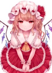 Rule 34 | 1girl, alternate hair length, alternate hairstyle, ascot, bebitera, blonde hair, brown hair, closed mouth, collar, collared shirt, crystal, dress, flandre scarlet, frilled dress, frills, hat, hat ribbon, highres, jewelry, light brown hair, looking at viewer, looking up, medium hair, mob cap, multicolored wings, puffy short sleeves, puffy sleeves, red dress, red eyes, red ribbon, ribbon, seiza, shirt, short sleeves, simple background, sitting, smile, solo, touhou, white background, white hat, white shirt, wings, wrist cuffs, yellow ascot
