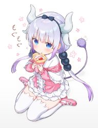 Rule 34 | 10s, 1girl, :t, beads, black bow, black ribbon, blue eyes, blue hair, blunt bangs, blush, bow, capelet, center frills, closed mouth, commentary, crepe, cross-laced footwear, dragon girl, dragon horns, dragon tail, dress, eating, food, food on face, frills, from above, full body, fur trim, gothic lolita, gradient background, gradient hair, hair beads, hair bow, hair ornament, hair ribbon, hairband, holding, holding food, horns, kanna kamui, kobayashi-san chi no maidragon, lolita fashion, long hair, long sleeves, looking at viewer, looking up, low twintails, miniskirt, motion lines, multicolored hair, pink footwear, purple hair, ribbon, shoes, sidelocks, simple background, sitting, skirt, slit pupils, solo, sound effects, straight hair, tail, tail wagging, thighhighs, tokki, twintails, very long hair, wariza, white background, white skirt, white thighhighs, zettai ryouiki