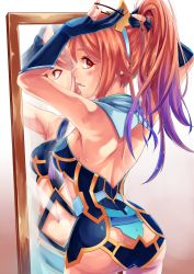 Rule 34 | 1girl, adjusting hair, armpits, ass, back, bad id, bad pixiv id, bare shoulders, blush, breasts, brown eyes, brown hair, cowboy shot, elbow gloves, gloves, gradient hair, long hair, looking at viewer, looking back, medium breasts, mirror, multicolored hair, parted lips, partially fingerless gloves, phantasy star, phantasy star online 2, ponytail, profile, purple hair, quna (pso2), reflection, revealing clothes, rubber band, shimotsuki shio, solo, standing