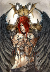 Rule 34 | 1boy, bad id, bad pixiv id, castlevania (series), castlevania: curse of darkness, gradient background, hair over one eye, issac (castlevania), konami, male focus, monster, navel, red hair, short hair, solo, tattoo, white background, wings
