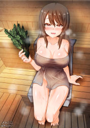 Rule 34 | 1girl, blush, breasts, brown hair, cameltoe, cleavage, collarbone, covered navel, girls und panzer, highres, impossible towel, indoors, large breasts, long hair, looking at viewer, megadeko, mika (girls und panzer), naked towel, open mouth, saliva, sauna, shiny skin, sitting, smile, solo, towel