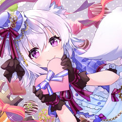 Rule 34 | 1girl, alba mofu, animal ear fluff, animal ears, black gloves, blue dress, blush, bow, chocolate, dress, food, fox ears, fox girl, fox tail, frilled dress, frills, gloves, hair between eyes, hair ornament, hands up, heart, hisana, holding, holding chocolate, holding food, looking at viewer, medium hair, official art, purple eyes, ribbon, seventh happiness, short sleeves, smile, solo, tail, tail raised, upper body, valentine, virtual youtuber, white hair