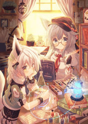 Rule 34 | 2girls, animal ears, black gloves, blue eyes, blush, book, book stack, bookshelf, cabbie hat, closed mouth, cropped jacket, curtains, day, feather hair ornament, feathers, fingerless gloves, fox ears, fox girl, fox tail, glasses, globe, gloves, grey hair, hair between eyes, hair ornament, hand on own cheek, hand on own face, hat, head rest, highres, holding, holding book, indoors, lamp, long hair, looking at viewer, misaki yuu, multiple girls, open book, original, quill, round eyewear, sidelocks, smile, tail, white hair, window, writing, yellow eyes
