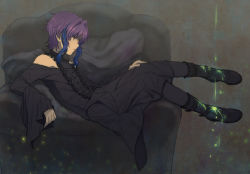 Rule 34 | 1boy, bare shoulders, belt, belt boots, black dress, black footwear, black pantyhose, blue hair, boots, center frills, couch, dress, frills, from side, full body, hair intakes, k-project, knee boots, lace-trimmed sleeves, lace trim, light particles, liquid, long sleeves, looking afar, looking away, mimana, mishakuji yukari, multicolored hair, off-shoulder dress, off shoulder, paint splatter, pantyhose, pillow, profile, purple hair, reclining, red eyes, short hair with long locks, sidelocks, sitting sideways, solo, streaked hair, two-tone hair