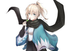Rule 34 | 1girl, absurdres, bad id, bad pixiv id, black hakama, black scarf, blonde hair, closed mouth, fate/grand order, fate (series), food, green eyes, hair between eyes, hakama, haori, highres, holding, holding food, japanese clothes, kimono, looking at viewer, okita souji, okita souji (fate), okita souji (koha-ace), scarf, shinsengumi, short hair, short ponytail, simple background, smile, solo, twitter username, upper body, wagashi, white background, white kimono, wide sleeves, yuki haru