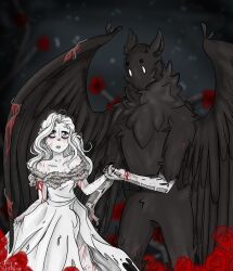 Rule 34 | 1boy, 1girl, animal ears, bare shoulders, bird boy, blood, blush, claws, commentary, couple, dress, feathered wings, flower, greyscale, highres, holding hands, long hair, looking at viewer, monochrome, nose blush, open mouth, overgrown, plant, princess, princess (slay the princess), red flower, scratches, slay the princess, talons, the hero (slay the princess), the thorn (slay the princess), thorns, vines, wings