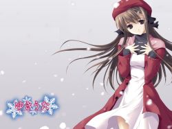 Rule 34 | 1girl, fujimi setsuna, hat, red hat, snow, snowing, solo, wallpaper, yukiuta