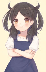 Rule 34 | :t, act-age, beige background, black hair, blue dress, blush, brown eyes, character request, closed mouth, commentary request, crossed arms, dress, highres, kazane mari, long hair, looking at viewer, parted bangs, pout, puffy short sleeves, puffy sleeves, shirt, short sleeves, simple background, sleeveless, sleeveless dress, solo, two side up, upper body, white shirt