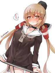 Rule 34 | 1girl, amatsukaze (kancolle), amatsukaze (kancolle) (cosplay), black bow, black choker, black headwear, black panties, blush, bow, breasts, brown dress, brown eyes, choker, closed mouth, clothes pull, cosplay, covered erect nipples, cowboy shot, dress, dress pull, full-face blush, fur hat, gloves, hair bow, hair tubes, hat, highres, kantai collection, light brown hair, long hair, low twintails, medium breasts, navel, panties, papakha, pulled by self, sailor dress, see-through, short dress, side-tie panties, star (symbol), takase muh, tashkent (kancolle), thighs, twintails, twitter username, underwear, wavy mouth, white background, white gloves