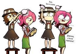 Rule 34 | 2girls, angry, arms up, bag, bandaged arm, bandages, bow, brown eyes, brown hair, brown vest, bun cover, collared shirt, comic, double bun, eye contact, fedora, hair between eyes, hair bun, handbag, hat, hat bow, unworn headwear, highres, horns, ibaraki kasen, long sleeves, looking at another, looking back, mary janes, moonywitcher, multiple girls, necktie, no legwear, on chair, oni, open clothes, open mouth, open vest, pink eyes, pink hair, profanity, ribbon, russian text, shaded face, shirt, shoes, short hair, simple background, skirt, standing, standing on chair, standing on object, touhou, translated, usami renko, vest, white background, white bow
