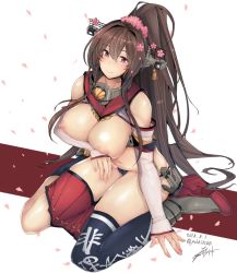 Rule 34 | 1girl, arm support, black thighhighs, blush, breasts, breasts out, brown hair, clothes writing, collar, covering privates, covering breasts, dated, detached sleeves, flower, hair between eyes, hair flower, hair intakes, hair ornament, headgear, kantai collection, large breasts, long hair, looking at viewer, metal collar, nipples, pleated skirt, ponytail, purple eyes, red skirt, rib:y(uhki), signature, simple background, single thighhigh, sitting, skindentation, skirt, skirt around one leg, smile, solo, thighhighs, topless, twitter username, very long hair, wariza, white background, yamato (kancolle)