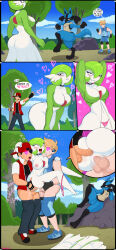 Rule 34 | 1girl, 3boys, ace trainer (pokemon), ahegao, anal, ass grab, bad id, battle, black gloves, breasts, choker, cleavage, clothed male nude female, comic, completely nude, creatures (company), double penetration, earrings, english text, fingernails, flaccid, forced to watch, game freak, gardevoir, gen 3 pokemon, gen 4 pokemon, gloves, group sex, hair over one eye, heart, heart-shaped pupils, hetero, highres, interspecies, jewelry, large breasts, leaning forward, lucario, multiple boys, multiple earrings, nintendo, nude, outdoors, panties, pink panties, pokemon, pokemon (creature), pokemon rgby, pokemon sm, red (pokemon), reverse suspended congress, sex, sex from behind, shadman, small penis, speech bubble, suspended congress, symbol-shaped pupils, tagme, talking, threesome, underwear, vaginal
