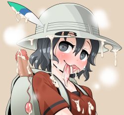 Rule 34 | 10s, 1girl, backpack, bag, black eyes, black hair, blush, bukkake, censored, condom, condom in mouth, cum, cum on body, cum on upper body, dildo, egg vibrator, emil (fafa), feathers, hat, hat feather, heavy breathing, kaban (kemono friends), kemono friends, looking at viewer, mouth hold, sex toy, shirt, short hair, simple background, sweat, used condom, vibrator