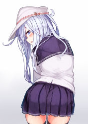 Rule 34 | 1girl, black skirt, black thighhighs, blue eyes, blush, cowboy shot, gradient background, hair between eyes, hammer and sickle, hat, hibiki (kancolle), highres, kantai collection, long hair, long sleeves, looking at viewer, looking back, open mouth, pleated skirt, reitou mikan, sailor collar, sailor shirt, shirt, silver hair, skirt, solo, thighhighs, verniy (kancolle), white hat, white shirt