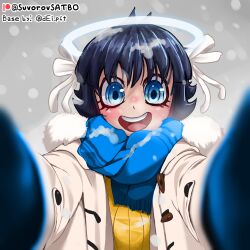 Rule 34 | 1girl, absurdres, angel, artist name, azazel (helltaker), black hair, blue eyes, blue mittens, blue scarf, blurry, blurry foreground, blush, bob cut, bow, close-up, coat, commentary, depth of field, duffel coat, english commentary, eyelashes, fur-trimmed coat, fur-trimmed hood, fur trim, gradient background, grey background, hair bow, hair ribbon, halo, helltaker, highres, hood, hood down, long sleeves, looking at viewer, meme, mittens, nose blush, open clothes, open coat, open mouth, outdoors, patreon logo, patreon username, portrait, pov, pov cheek warming (meme), ribbed sweater, ribbon, ringed eyes, scarf, short hair, smile, snow on body, snow on head, snowing, solo, straight-on, suvorovsatbo, sweater, teeth, toggles, upper body, upper teeth only, white bow, white coat, white ribbon, winter, yellow sweater