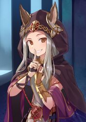 Rule 34 | 1girl, blush, brown eyes, cloak, commentary request, ears through headwear, erune, finger to mouth, granblue fantasy, grin, hand on own chest, head tilt, hinami (hinatamizu), long hair, looking at viewer, revision, scathacha (granblue fantasy), silver hair, smile, solo