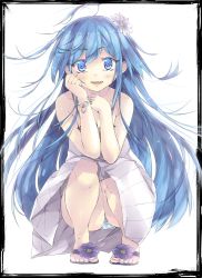 Rule 34 | 1girl, ahoge, bare shoulders, blue eyes, blue hair, blush, border, bracelet, collarbone, dress, flower, hair flower, hair ornament, highres, jewelry, looking at viewer, making-of available, matching hair/eyes, original, panties, sandals, shikinyan, smile, solo, squatting, striped clothes, striped panties, underwear