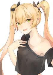 Rule 34 | 1girl, :d, absurdres, arm up, armpit peek, armpits, bare shoulders, black shirt, blonde hair, blush, breasts, commentary, english commentary, green eyes, hair ribbon, hand on own chest, highres, looking at viewer, medium breasts, off shoulder, open mouth, original, ribbon, shirt, simple background, smile, solo, tareme, teeth, twintails, upper body, upper teeth only, white background, xhunzei