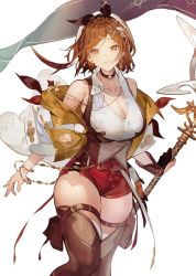 Rule 34 | 1girl, absurdres, atelier (series), atelier ryza, atelier ryza 3, blush, breast pocket, breasts, brown eyes, brown hair, choker, cleavage, earrings, gloves, hair ornament, hairclip, hat, highres, holding, holding weapon, jewelry, large breasts, looking at viewer, mooofoo, navel, necklace, pocket, red shorts, reisalin stout, short hair, short shorts, shorts, smile, solo, thick thighs, thighhighs, thighs, weapon, white hat