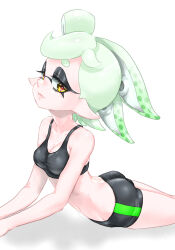 Rule 34 | 1girl, ass, bare arms, bare shoulders, bike shorts, black shorts, black sports bra, bow-shaped hair, breasts, cleavage, closed mouth, collarbone, eyelashes, green hair, half-closed eyes, highres, inkling, koharu2.5, marie (splatoon), medium breasts, navel, nintendo, pointy ears, red pupils, short eyebrows, short hair, shorts, simple background, single vertical stripe, smile, solo, splatoon (series), sports bra, suction cups, tentacle hair, white background, yellow eyes