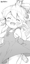 Rule 34 | 1girl, :d, ^ ^, blush, charlotta (granblue fantasy), closed eyes, crown, dress, granblue fantasy, greyscale, happy, harvin, highres, jingai modoki, long hair, monochrome, open mouth, pointy ears, round teeth, sandals, simple background, sleeveless, sleeveless dress, smile, solo, teeth, toenails, toes, twitter username, upper teeth only, white background