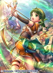 Rule 34 | 1girl, armor, arrow (projectile), bandana, belt, bow (weapon), castle, company connection, copyright name, drawing bow, elbow gloves, fingerless gloves, fire emblem, fire emblem: the blazing blade, fire emblem cipher, fumi (butakotai), gloves, green eyes, green hair, holding, holding bow (weapon), holding weapon, matching hair/eyes, nintendo, open mouth, outdoors, quiver, rebecca (fire emblem), shoulder armor, skirt, solo, thigh strap, weapon