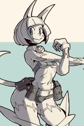 Rule 34 | abs, arm stretch, belt pouch, blue background, blue eyes, bob cut, breasts, cat girl, claws, collar, cowboy shot, crop top, fingerless gloves, gloves, highres, looking at viewer, ms. fortune (skullgirls), muscular, muscular female, neck bell, neko mata g, pouch, scar, short hair, skullgirls, small breasts, smile, sports bikini, stretching, thick thighs, thighs, underboob, wide hips