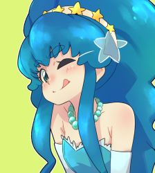 Rule 34 | 10s, 1girl, ;q, ammonio, bare shoulders, blue eyes, blue hair, blush, eyebrows, green background, happinesscharge precure!, jewelry, long hair, looking at viewer, matching hair/eyes, necklace, one eye closed, ponytail, precure, shirayuki hime, solo, star (symbol), tongue, tongue out