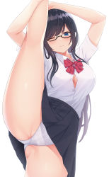 Rule 34 | 1girl, arms up, bad id, bad pixiv id, black-framed eyewear, black hair, black skirt, blue eyes, blush, bow, bowtie, breasts, button gap, cameltoe, cleavage, closed mouth, collared shirt, commentary request, commission, cowboy shot, diagonal-striped bow, diagonal-striped bowtie, diagonal-striped clothes, diagonal-striped neckwear, dress shirt, floral print, glasses, hicha nomu, highres, large breasts, long hair, looking at viewer, miniskirt, one eye closed, original, panties, pleated skirt, print panties, red bow, red bowtie, school uniform, semi-rimless eyewear, shirt, shirt tucked in, short sleeves, sidelocks, simple background, skeb commission, skirt, solo, split, standing, standing on one leg, standing split, striped bow, striped bowtie, striped clothes, striped neckwear, under-rim eyewear, underwear, white background, white panties, white shirt