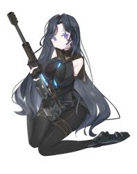 Rule 34 | 1girl, absurdres, apex legends, black bodysuit, black capelet, black dress, black footwear, black hair, blue eyes, bodysuit, breasts, capelet, chinese commentary, dress, glowing, gun, headset, highres, holding, holding gun, holding weapon, large breasts, long hair, looking to the side, personification, qiu ri, rifle, sentinel esr, sitting, skindentation, smile, sniper rifle, solo, thighlet, very long hair, wariza, weapon, white background